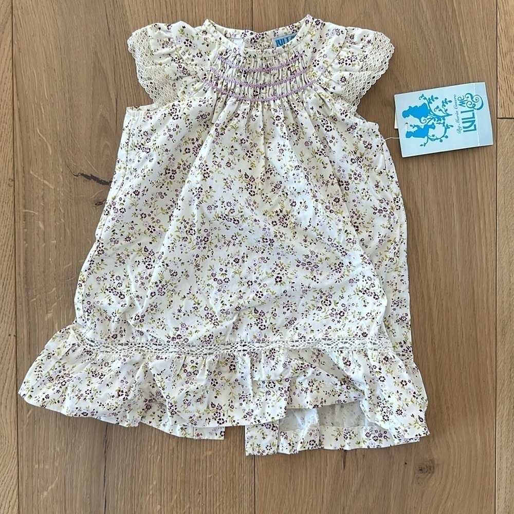 Luli & me embroidered dress smocked floral lace detail 9m NWT